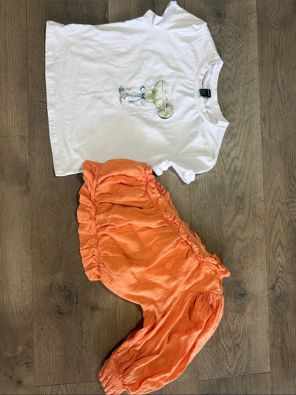 SHEIN White Graphic Tee with Orange Off-Shoulder Crop Top
